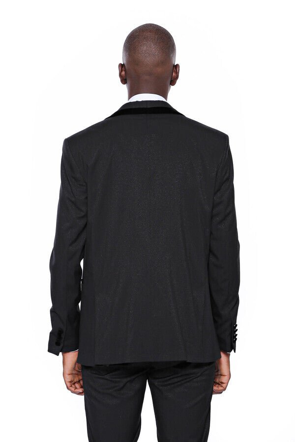 Patterned Velvet Lapel Black Men Tuxedo