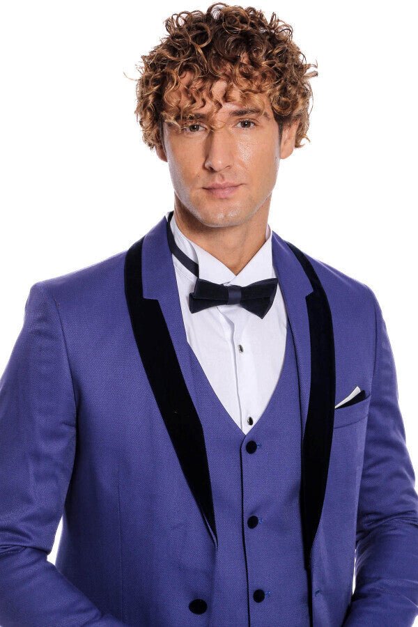 Patterned Velvet Lapel Blue Men Tuxedo