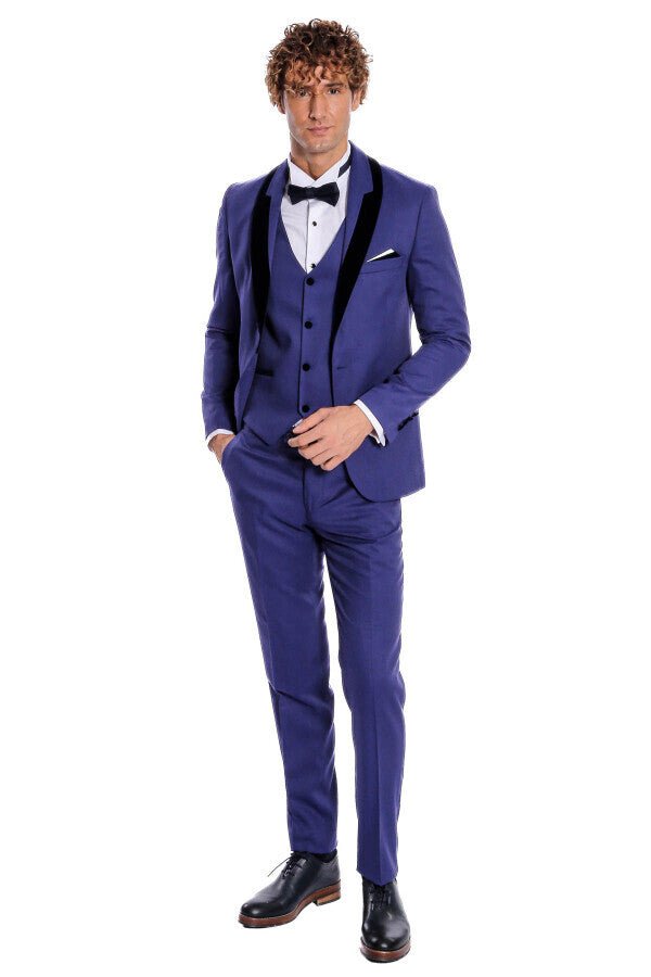 Patterned Velvet Lapel Blue Men Tuxedo