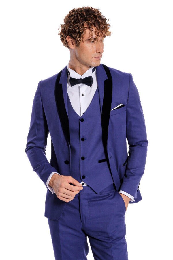 Patterned Velvet Lapel Blue Men Tuxedo