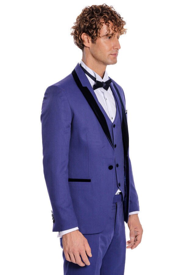 Patterned Velvet Lapel Blue Men Tuxedo