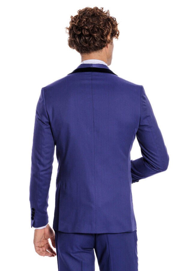 Patterned Velvet Lapel Blue Men Tuxedo