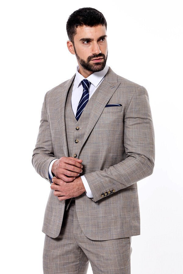 Patterned Vested Slim-Fit Beige Men’s Suit