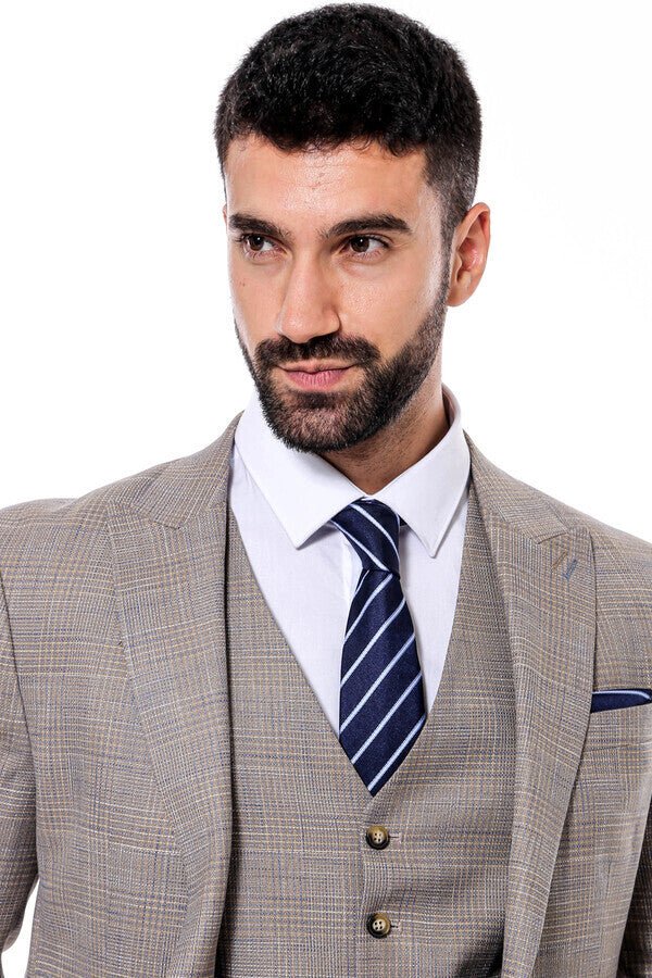 Patterned Vested Slim-Fit Beige Men’s Suit