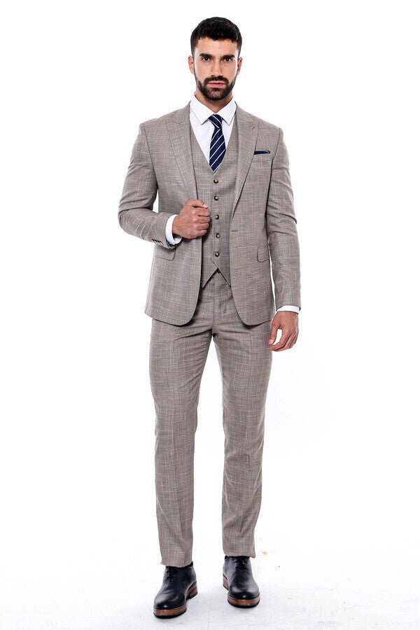 Patterned Vested Slim-Fit Beige Men’s Suit