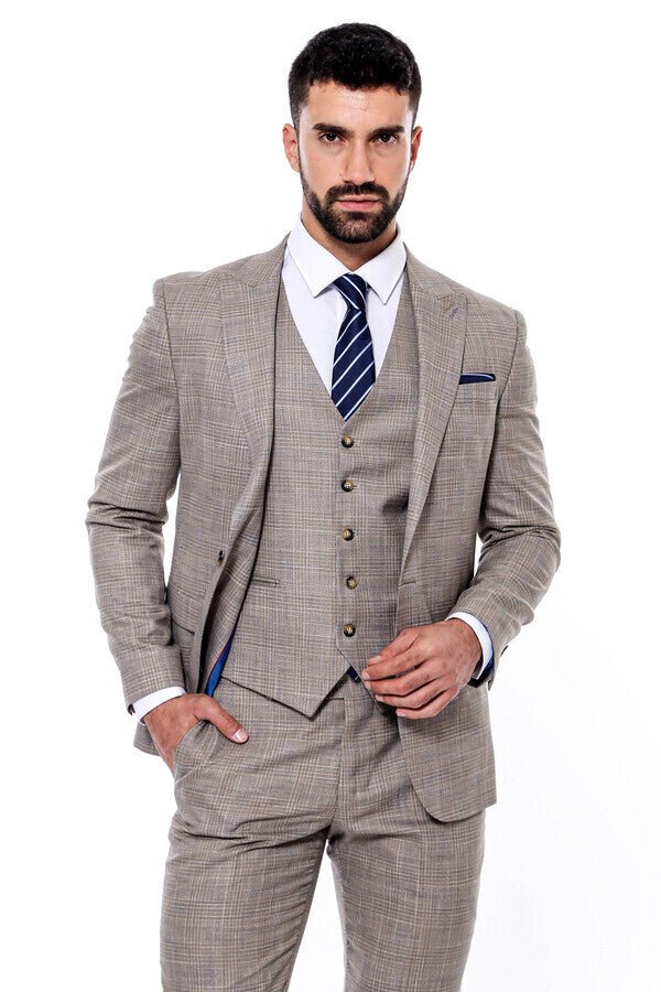 Patterned Vested Slim-Fit Beige Men’s Suit
