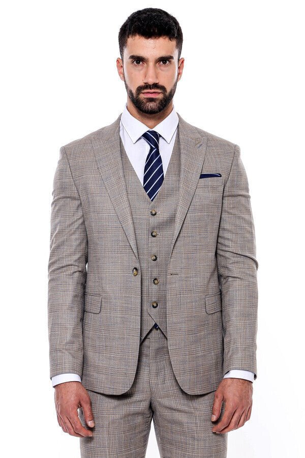 Patterned Vested Slim-Fit Beige Men’s Suit