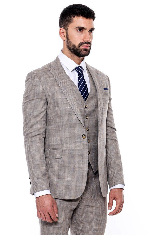Patterned Vested Slim-Fit Beige Men’s Suit