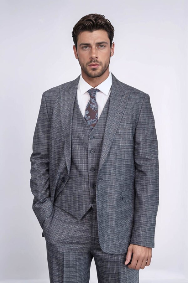Patterned Vested Slim-Fit Navy Blue Men Suit