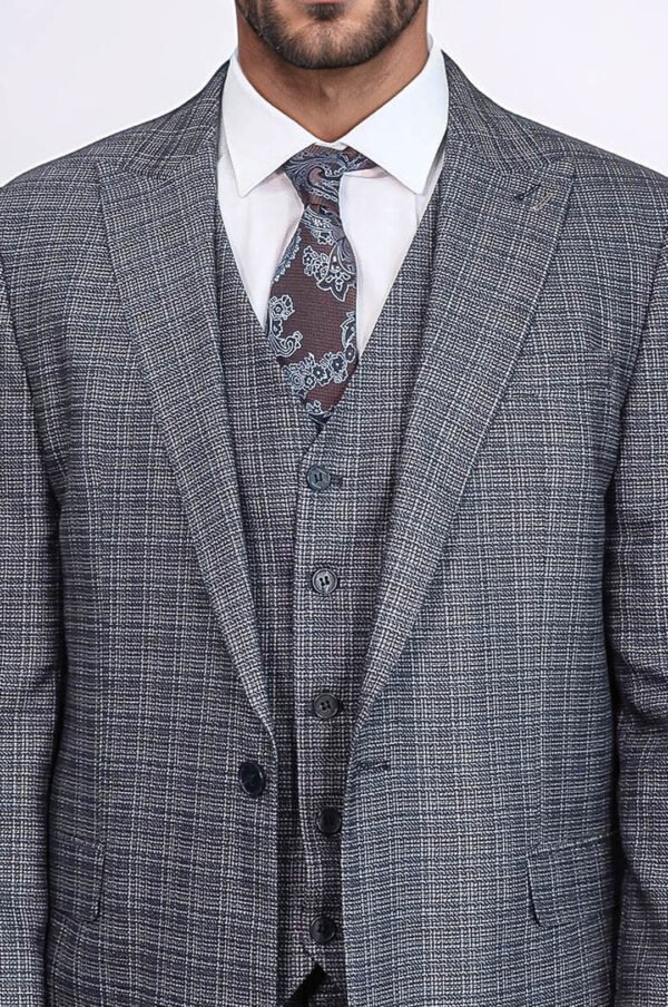 Patterned Vested Slim-Fit Navy Blue Men Suit