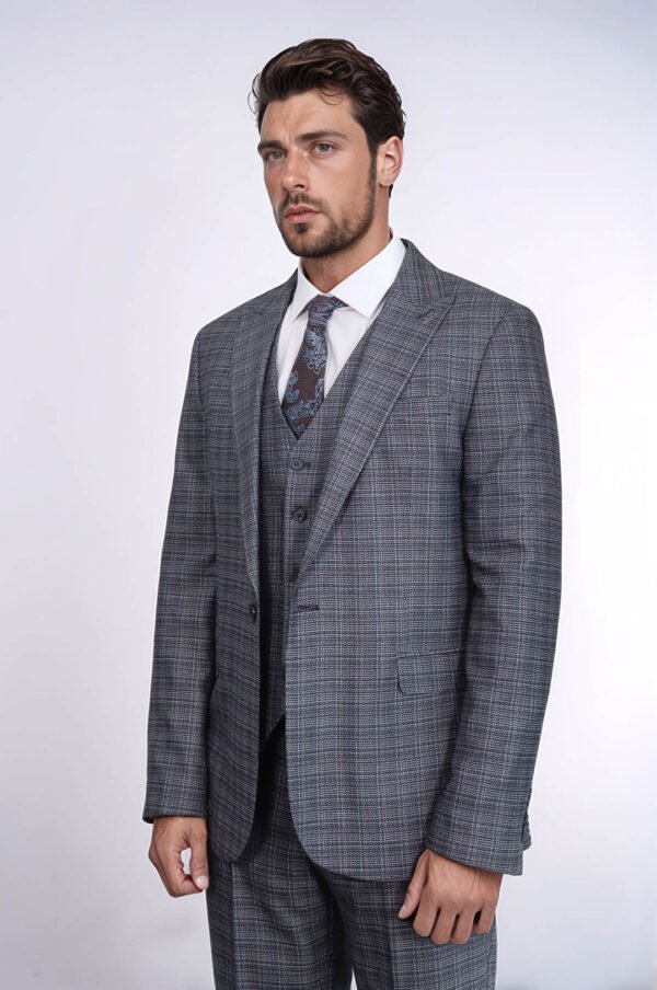 Patterned Vested Slim-Fit Navy Blue Men Suit