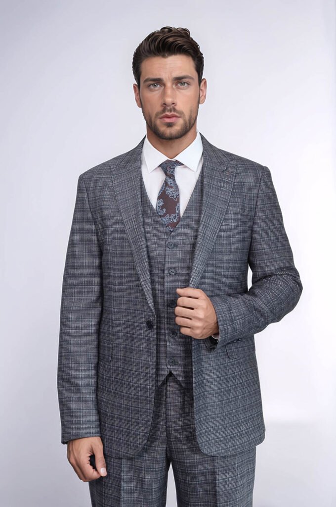Patterned Vested Slim-Fit Navy Blue Men Suit