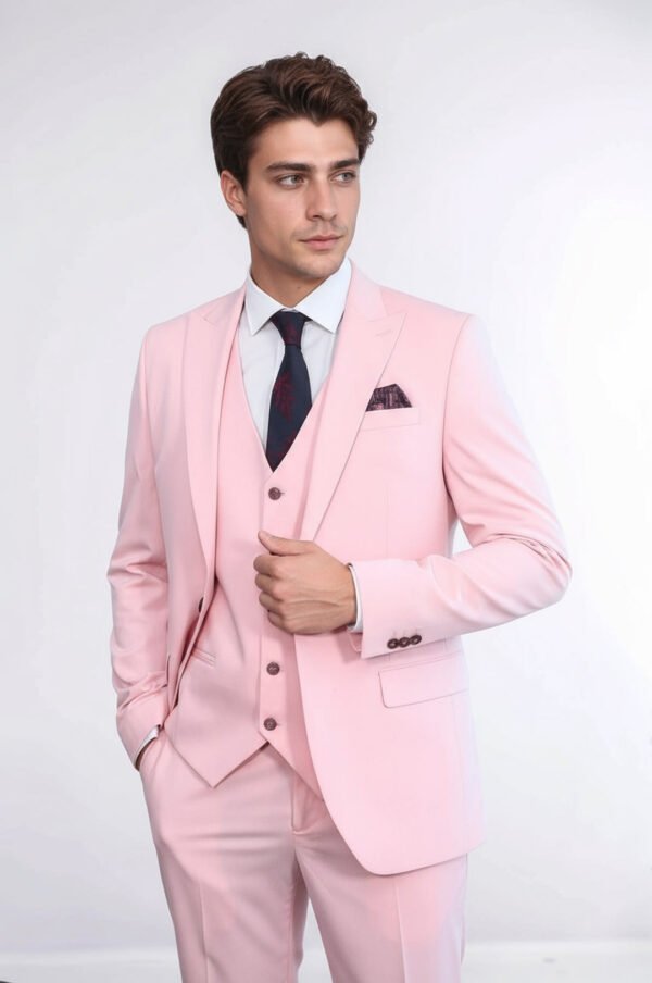 Pink Men's Plain Suit with Vest