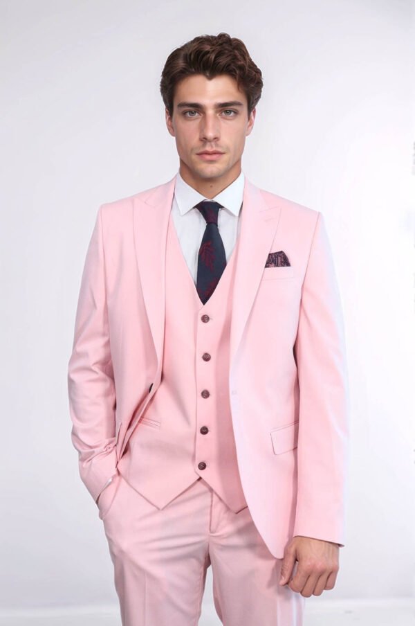 Pink Men's Plain Suit with Vest