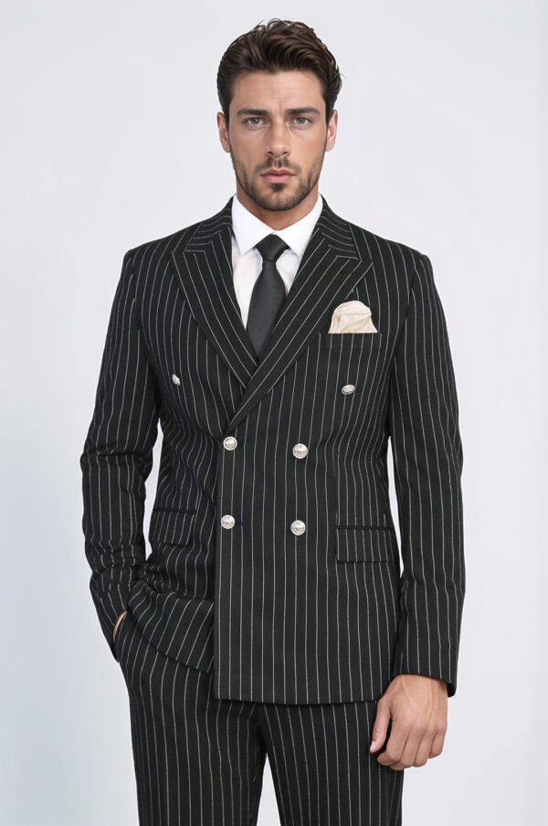 Pinstripe Double Breasted Men’s Black Suit with Silver Button