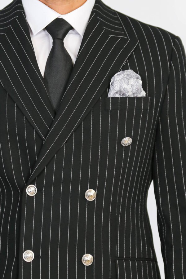 Pinstripe Double Breasted Men’s Black Suit with Silver Button