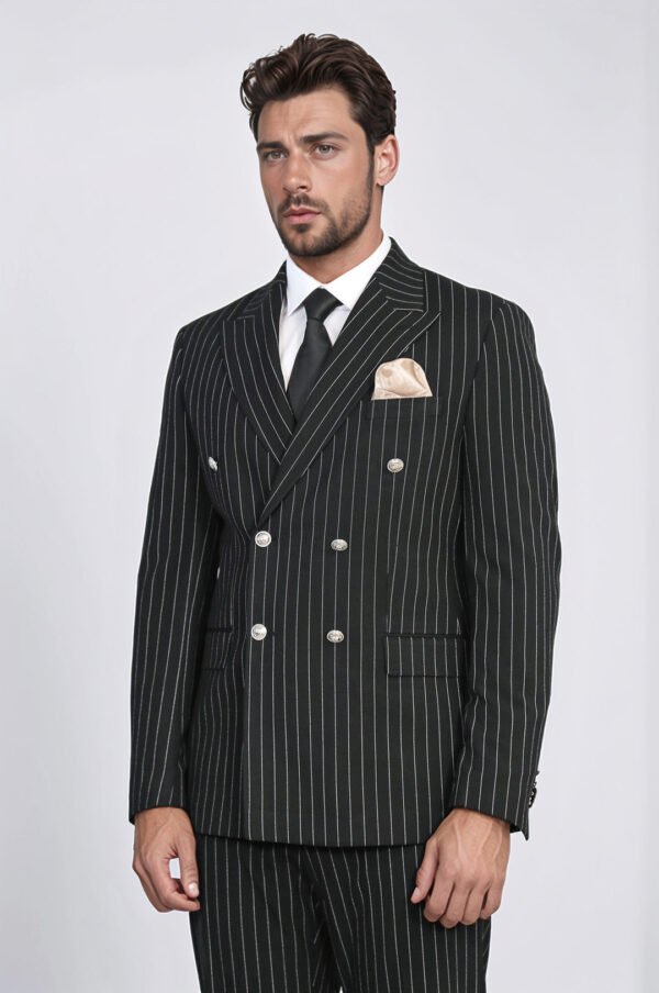 Pinstripe Double Breasted Men’s Black Suit with Silver Button