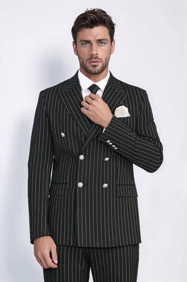 Pinstripe Double Breasted Men’s Black Suit with Silver Button