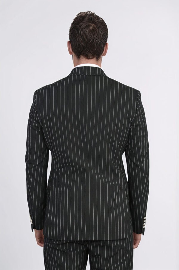 Pinstripe Double Breasted Men’s Black Suit with Silver Button