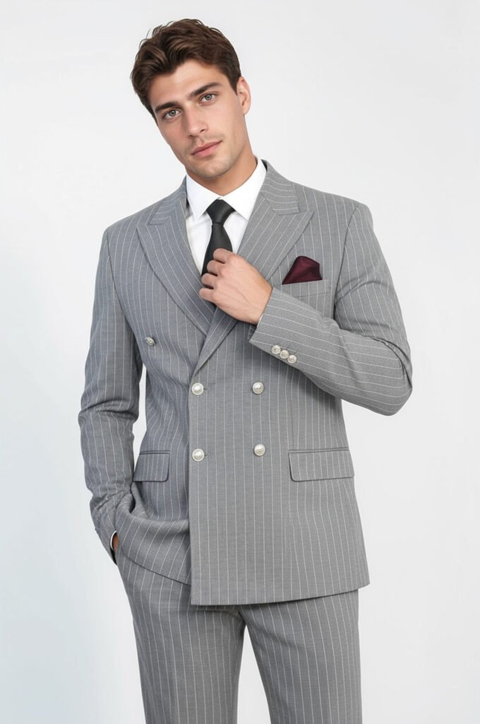 Pinstripe Double Breasted Men’s Grey Suit with Silver Button Details