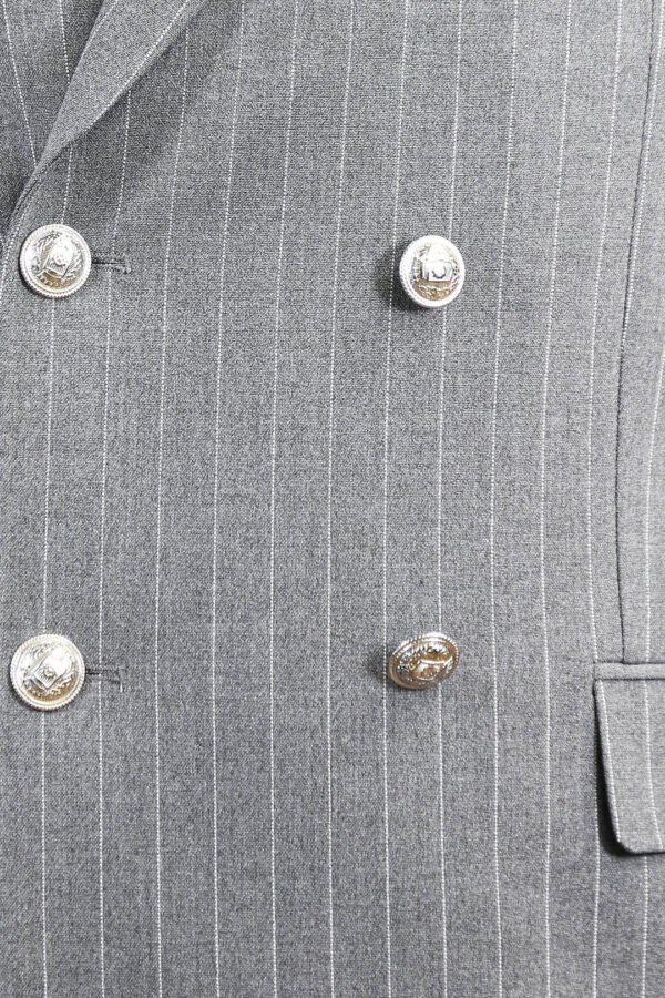 Pinstripe Double Breasted Men’s Grey Suit with Silver Button Details