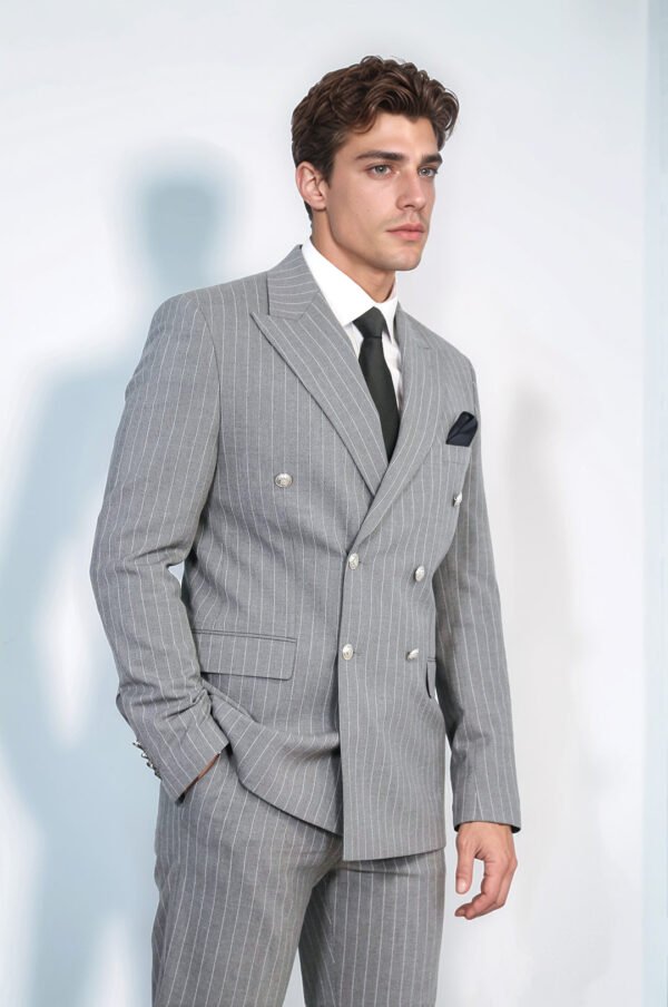 Pinstripe Double Breasted Men’s Grey Suit with Silver Button Details