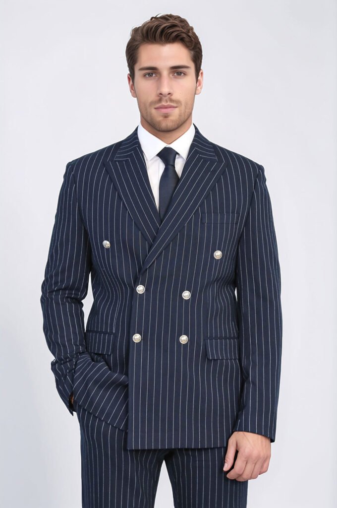Pinstripe Double Breasted Men’s Navy Blu Suit with Silver Button Details