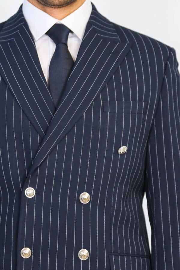 Pinstripe Double Breasted Men’s Navy Blu Suit with Silver Button Details