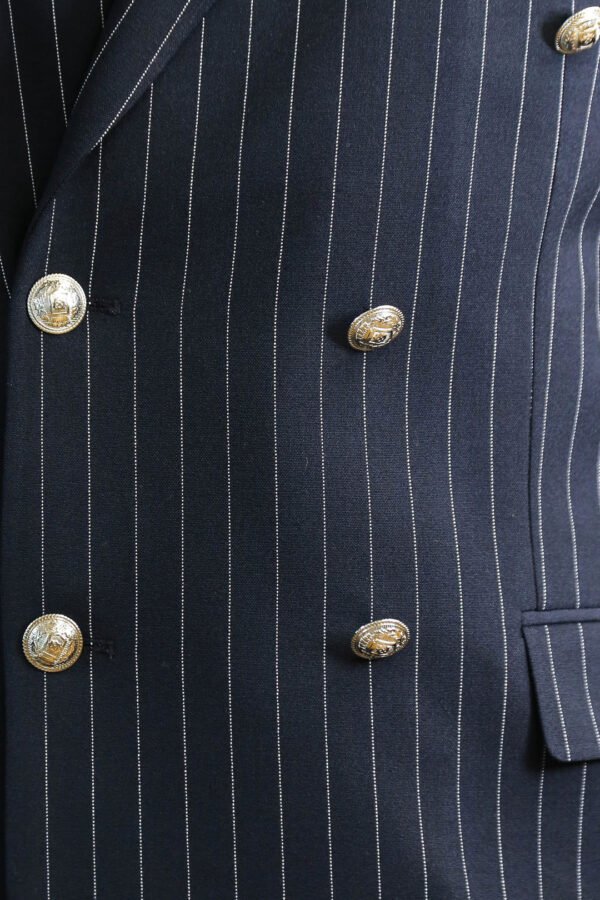 Pinstripe Double Breasted Men’s Navy Blu Suit with Silver Button Details