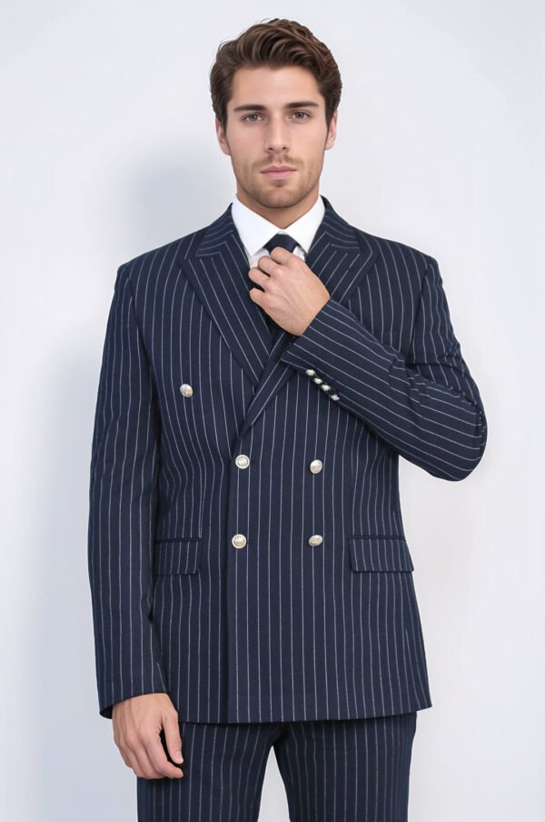 Pinstripe Double Breasted Men’s Navy Blu Suit with Silver Button Details
