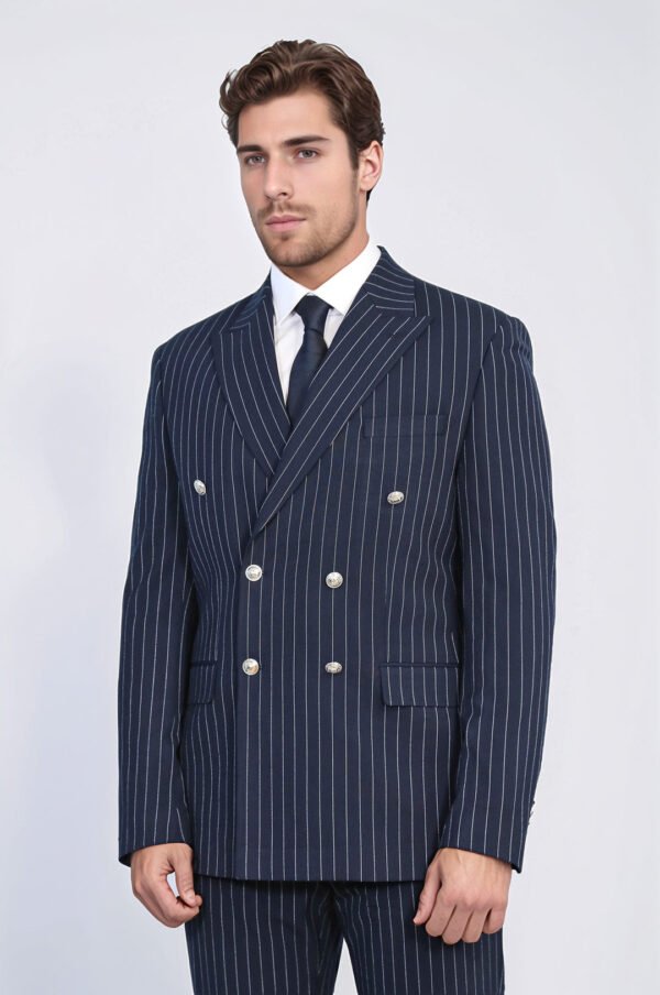 Pinstripe Double Breasted Men’s Navy Blu Suit with Silver Button Details