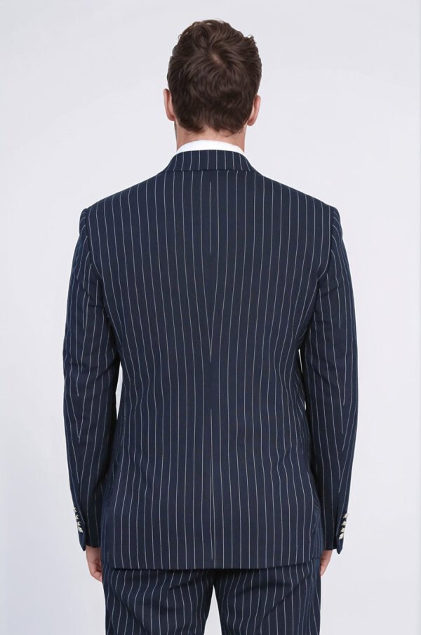 Pinstripe Double Breasted Men’s Navy Blu Suit with Silver Button Details