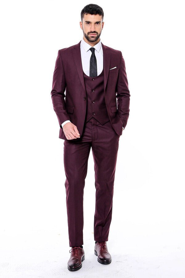 Plain Slim Fit Burgundy Men Suit