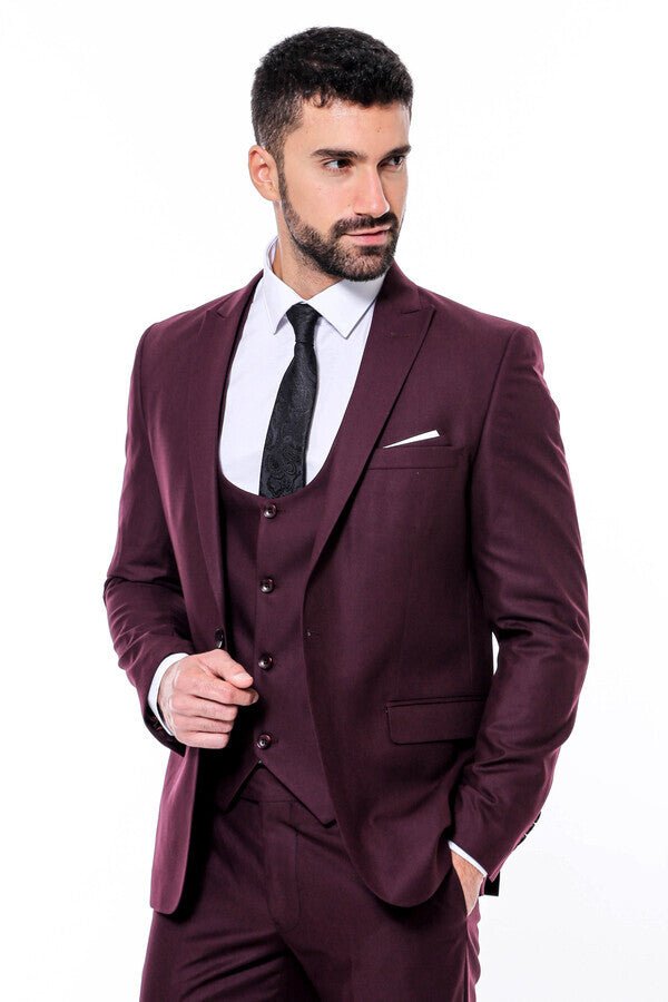 Plain Slim Fit Burgundy Men Suit