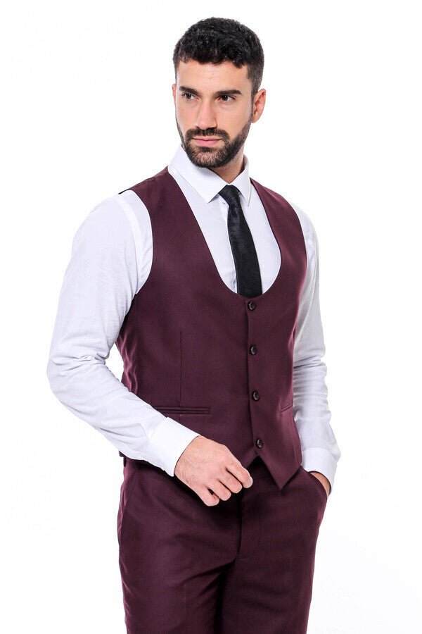 Plain Slim Fit Burgundy Men Suit