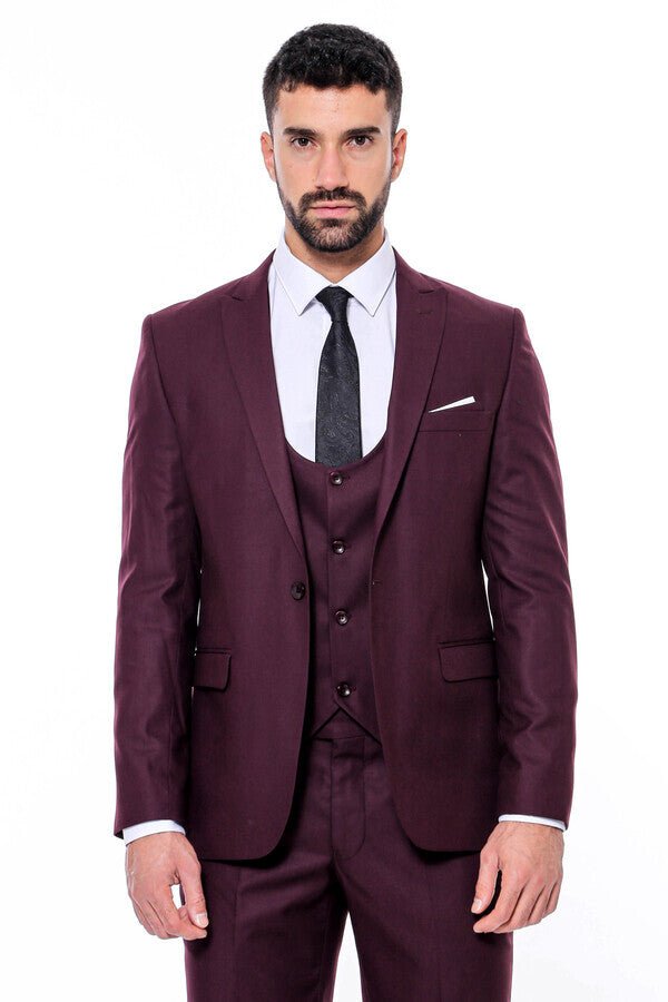 Plain Slim Fit Burgundy Men Suit