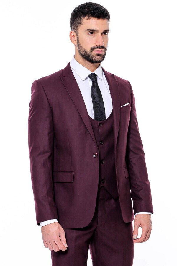 Plain Slim Fit Burgundy Men Suit