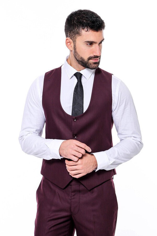 Plain Slim Fit Burgundy Men Suit