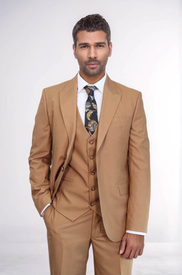 Plain Slim Fit Tan Men Suit