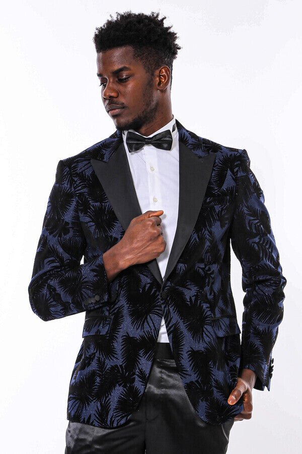 Shiny Leaf Patterned Navy Blue Men Prom Blazer