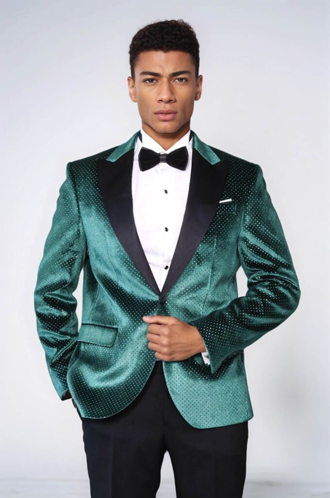 Sparkling Dotted Peak Lapel Men's Green Tuxedo Jacket