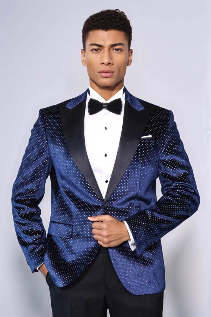 Sparkling Dotted Peak Lapel Men's Navy Blue Tuxedo Jacket