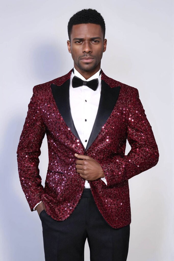 Glitter Pattern Burgundy Men Prom Blazer