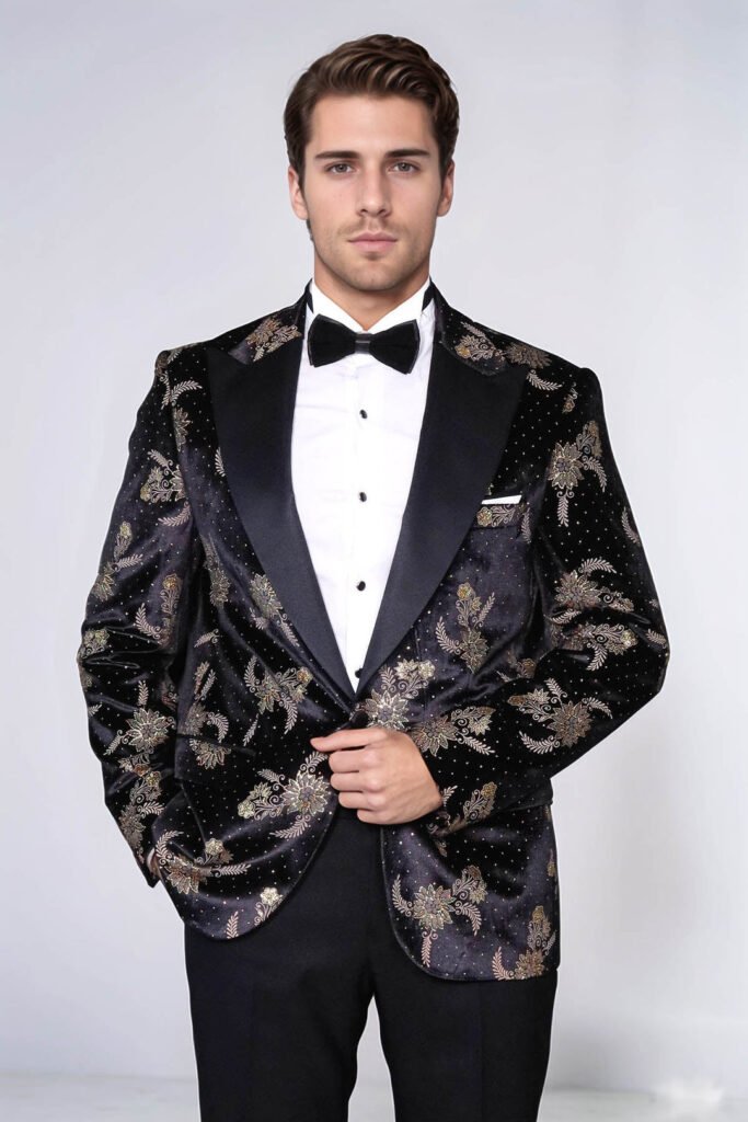 Dot Floral Patterned Velvet Black Men Prom Blazer