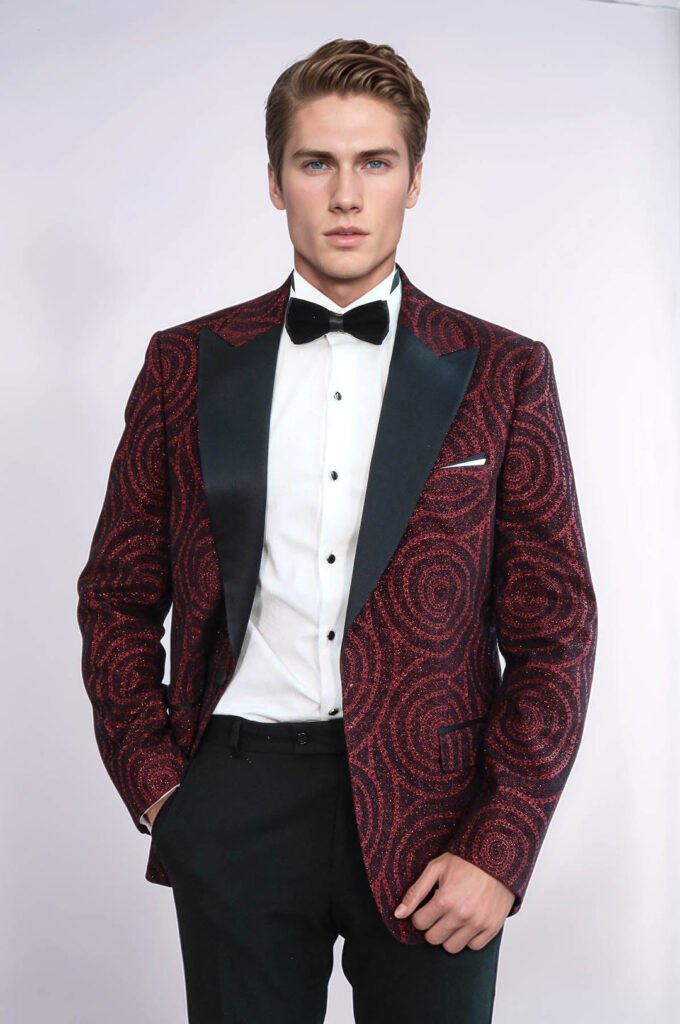 HHypnose Pattern Peak Lapel Slim Fit Burgundy Men Prom Blazer