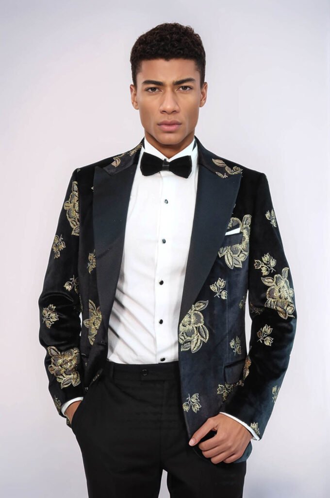 Gold Floral Patterned Shiny Black Men Prom Blazer