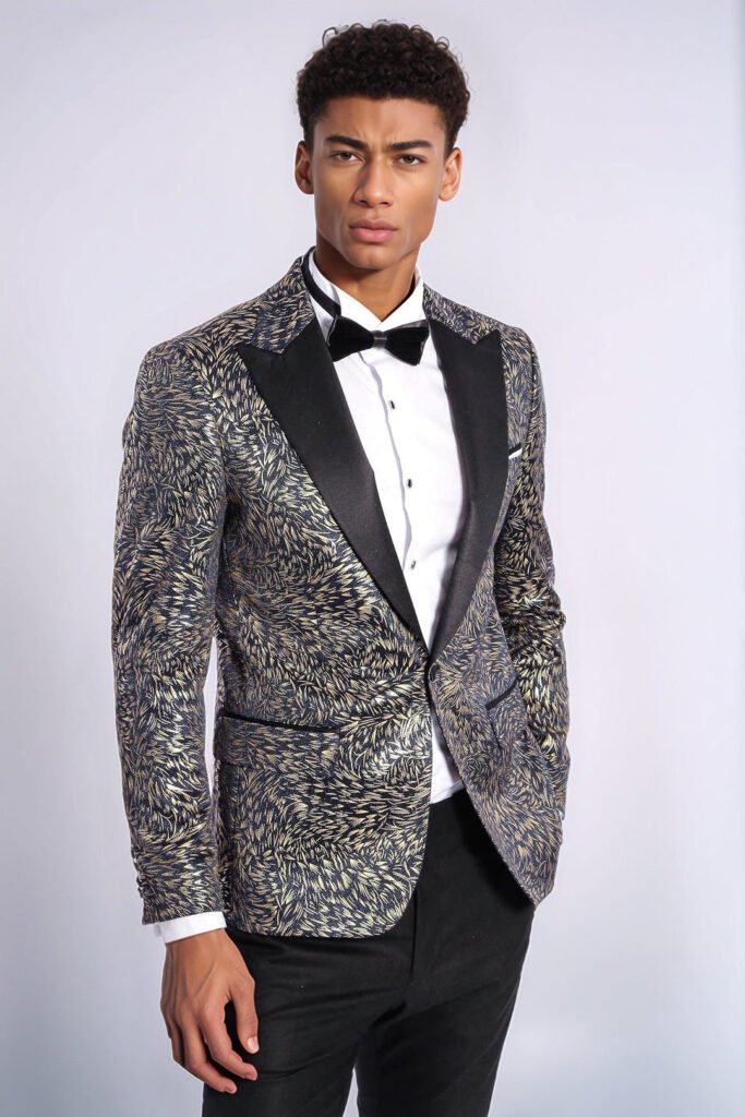 Feather Patterned Slim Fit Navy Blue Men Prom Blazer