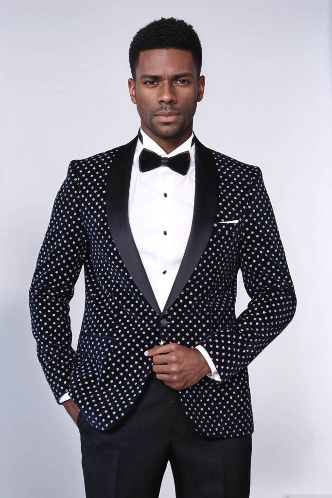 Dot Patterned Slim Fit Navy Blue Men Prom Blazer