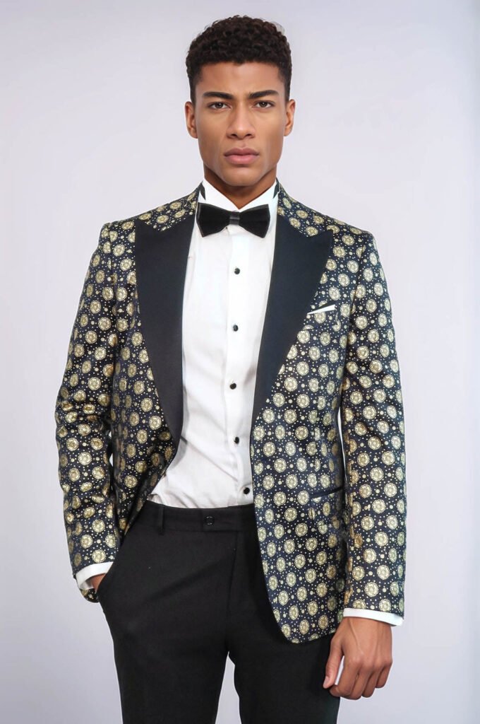 Floral Patterned Peak Lapel Navy Blue Men Prom Blazer