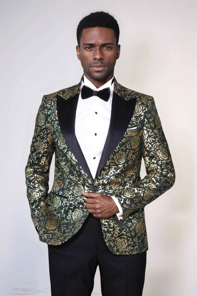 Gold Rose Patterned Slim Fit Green Men Prom Blazer